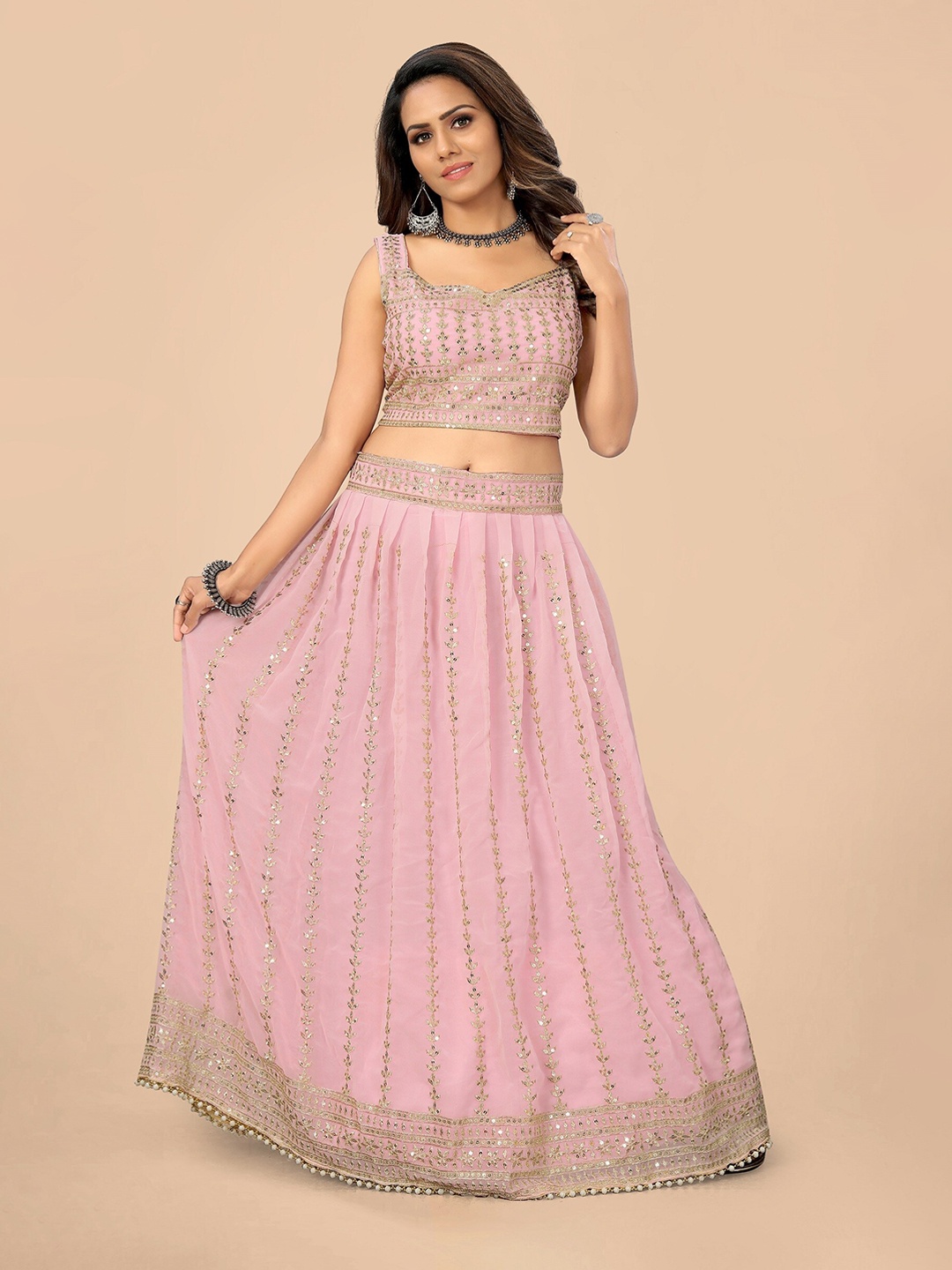 Nityanta Fab Pink Embroidered Mirror Work Semi-Stitched Lehenga & Unstitched Blouse With Dupatta
Nityanta Fab Pink Embroidered Mirror Work Semi-Stitched Lehenga & Unstitched Blouse With Dupatta