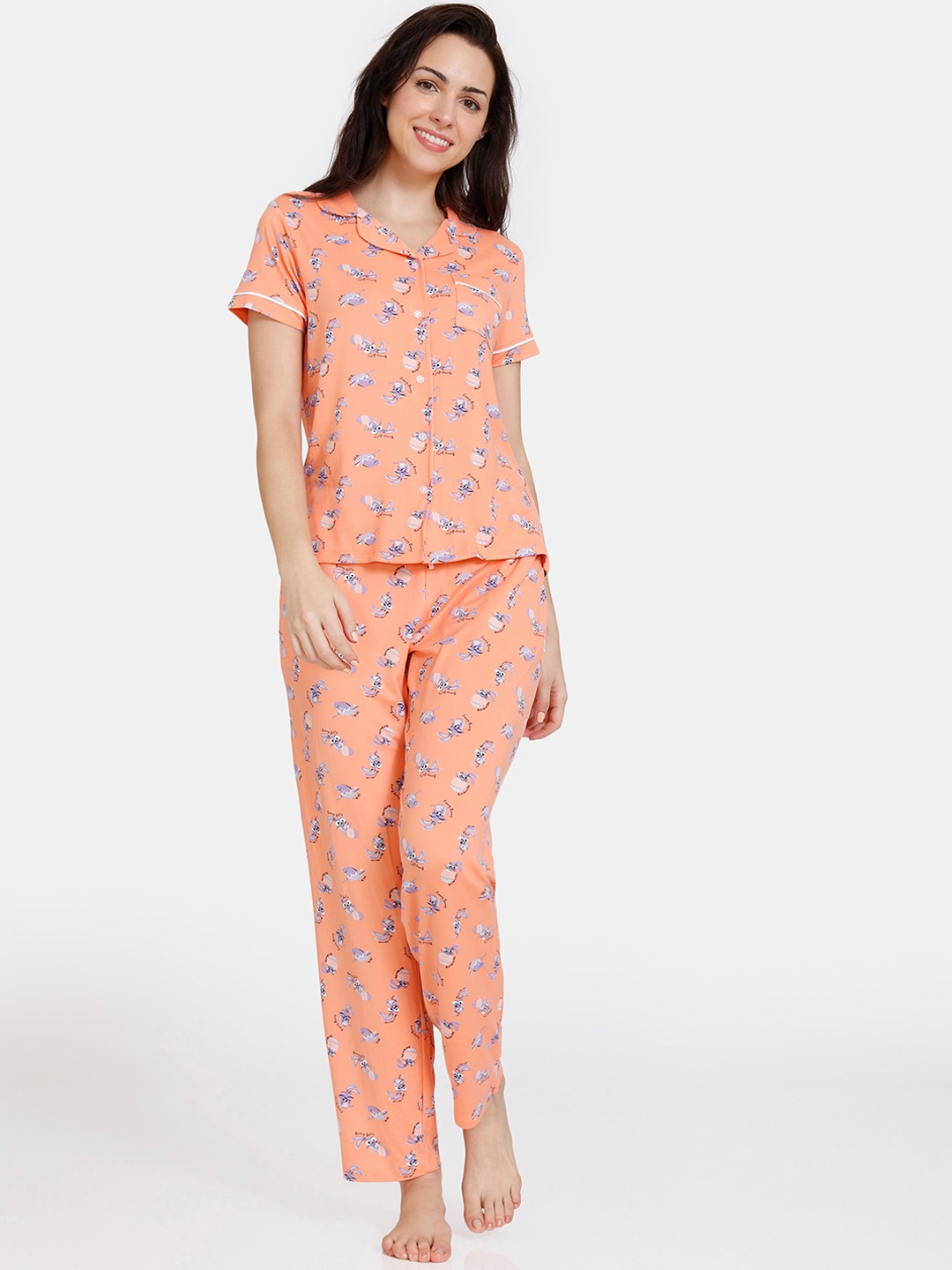 Zivame Women Pink & Purple Printed Night suit