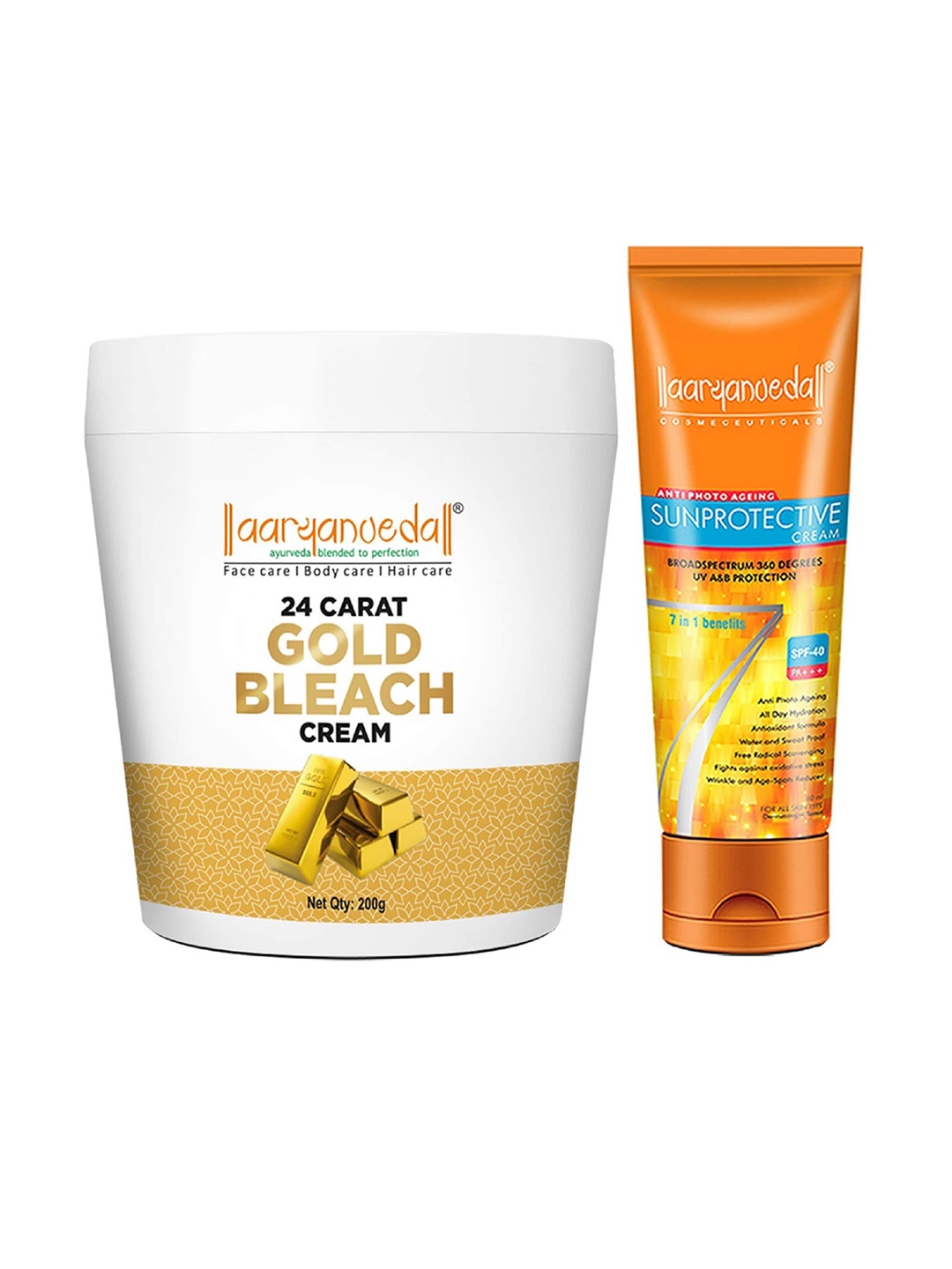 Aryanveda Set of 24 Carat Gold Bleach Cream 250 g & Sunscreen Lotion With SPF 40 60 g, Multi
Aryanveda Set of 24 Carat Gold Bleach Cream 250 g & Sunscreen Lotion With SPF 40 60 g, Multi