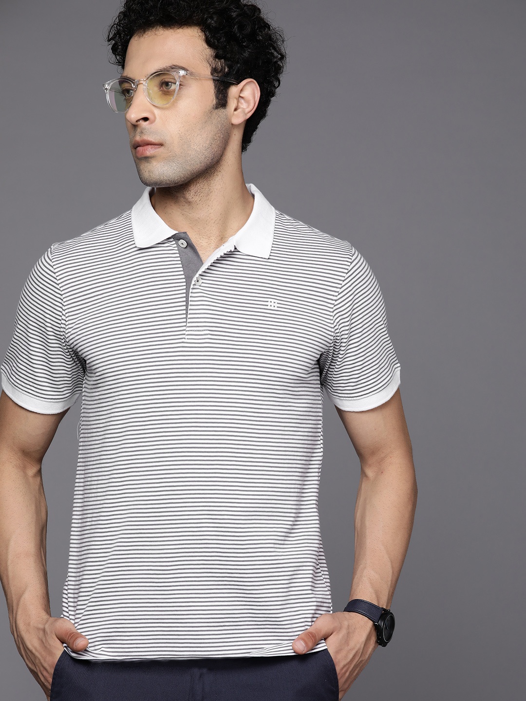 Raymond Men White & Grey Striped Modern Fit Polo Collar Pure Cotton T-shirt