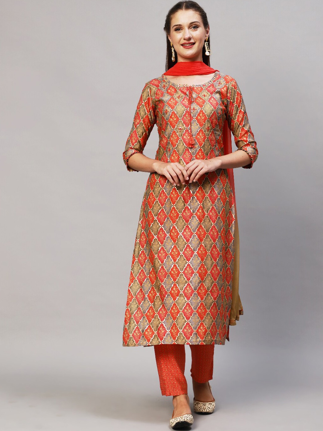 FASHOR Women Coral Ethnic Motifs Embroidered Regular Kurta with Trouser & With Dupatta