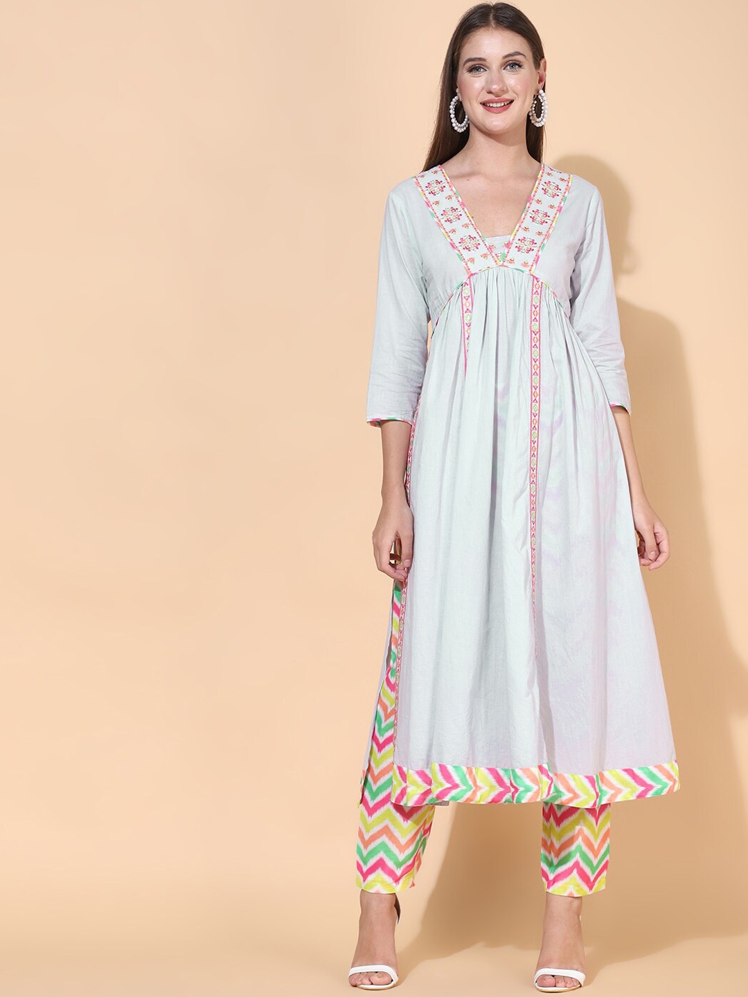 FASHOR Women Blue Embroidered Empire Pure Cotton Kurta with Trousers