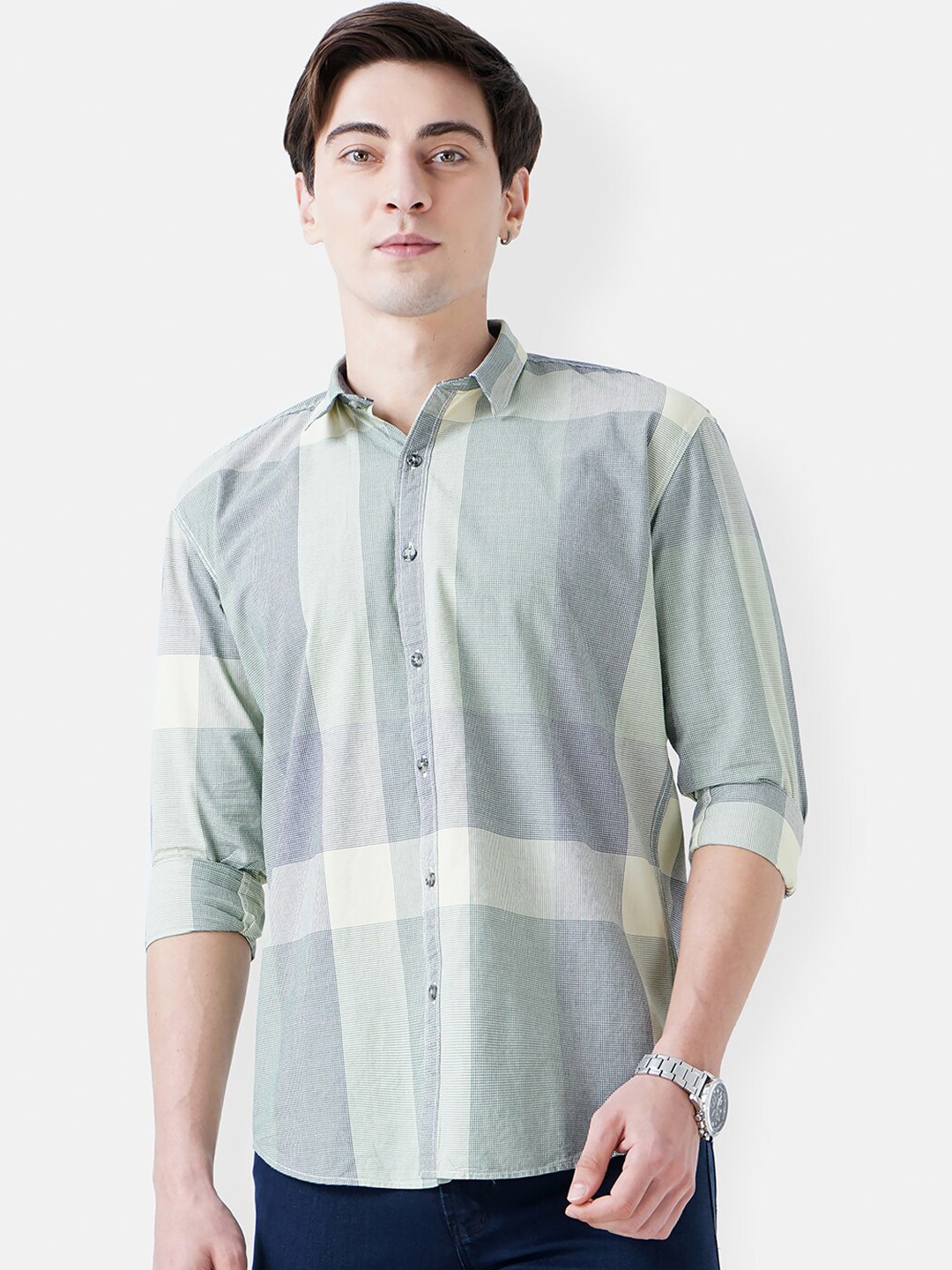 SORATIA Men Green Slim Fit Cotton Checked Casual Shirt