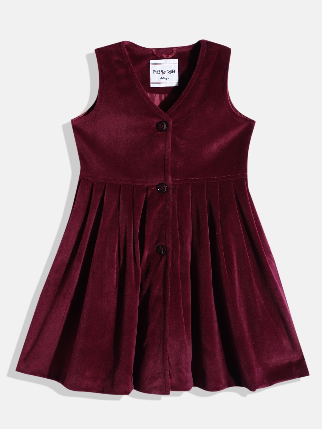 Miss & Chief Girls Maroon Solid Sleeveless A-Line Velvet Dress