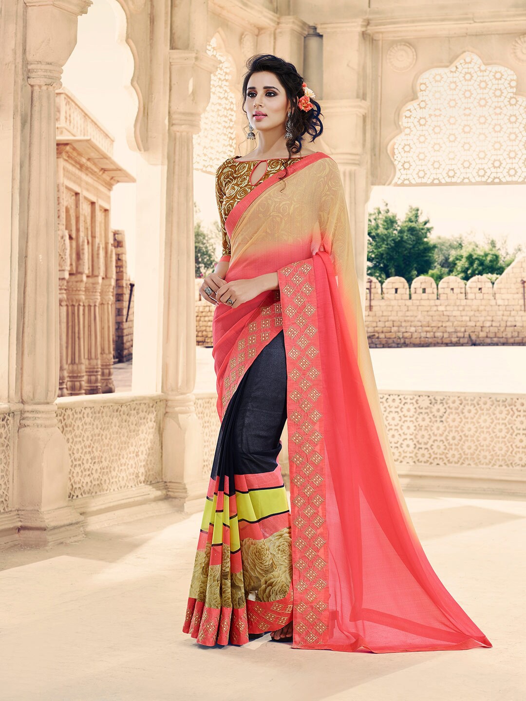 Shaily Pink & Black Pure Georgette Half and Half Saree