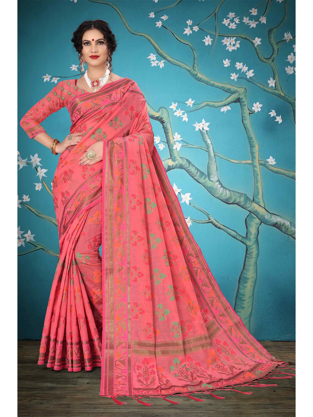 Mizzific Pink & Green Floral Zari Pure Cotton Chanderi Saree