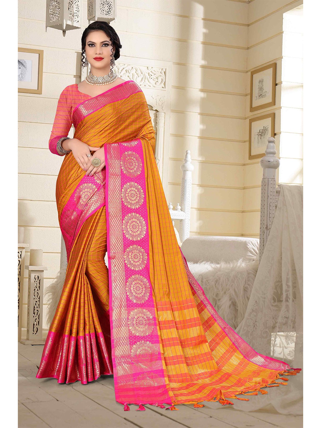 Mizzific Orange & Pink Ethnic Motifs Zari Pure Cotton Banarasi Saree