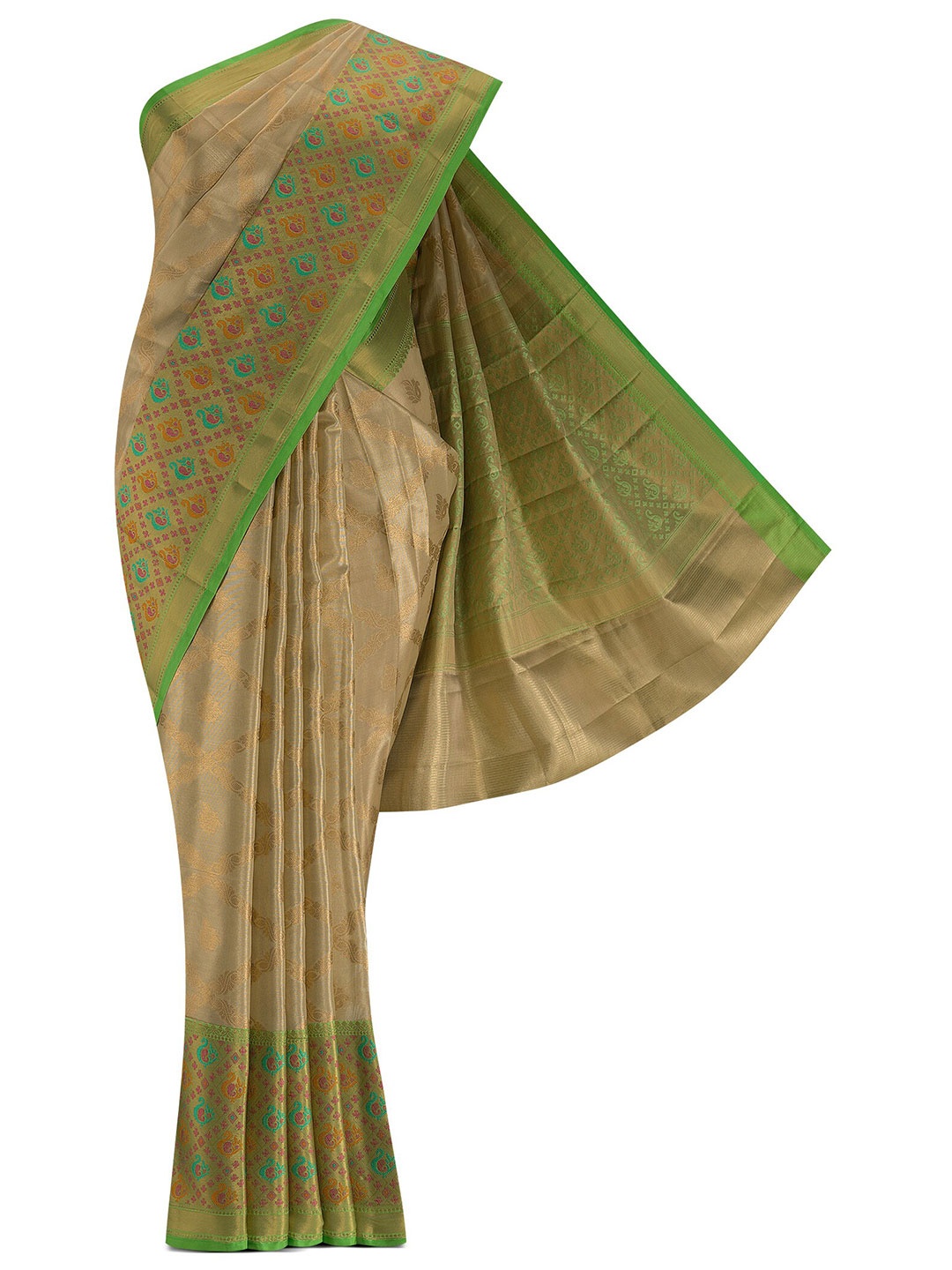 Nalli Next Gold-Toned & Green Ethnic Motifs Art Silk Saree