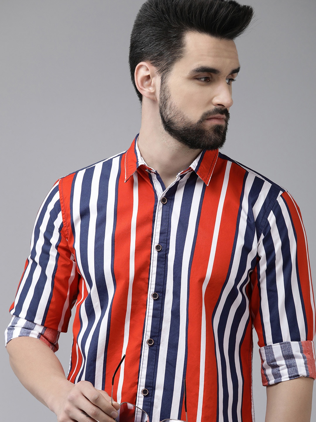 Pepe Jeans Men Coral Orange & Navy Blue Striped Pure Cotton Casual Shirt