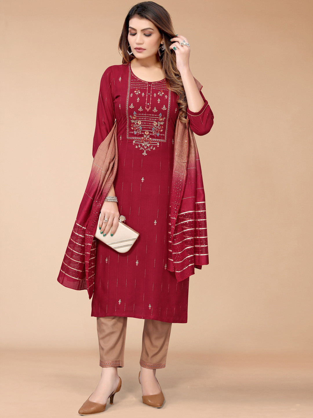 KALINI Women Maroon Ethnic Motifs Embroidered Sequinned Kurta with Trousers & With Dupatta
KALINI Women Maroon Ethnic Motifs Embroidered Sequinned Kurta with Trousers & With Dupatta