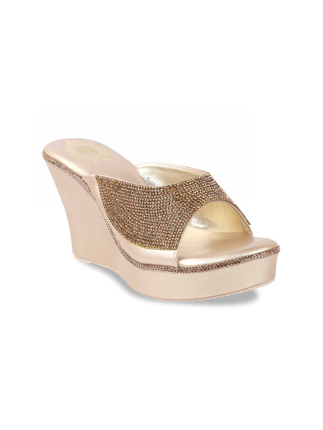 Stylestry Gold-Toned Embellished Party Wedge Heels