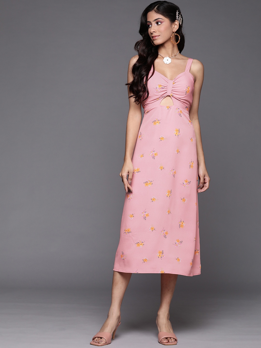 SASSAFRAS Pink & Yellow Floral A-Line Midi Dress