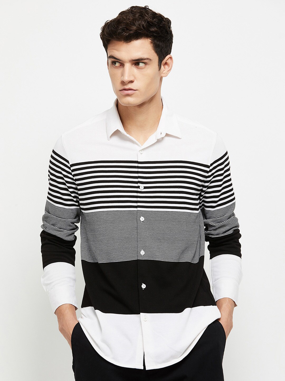 max Men White Slim Fit Striped Casual Shirt