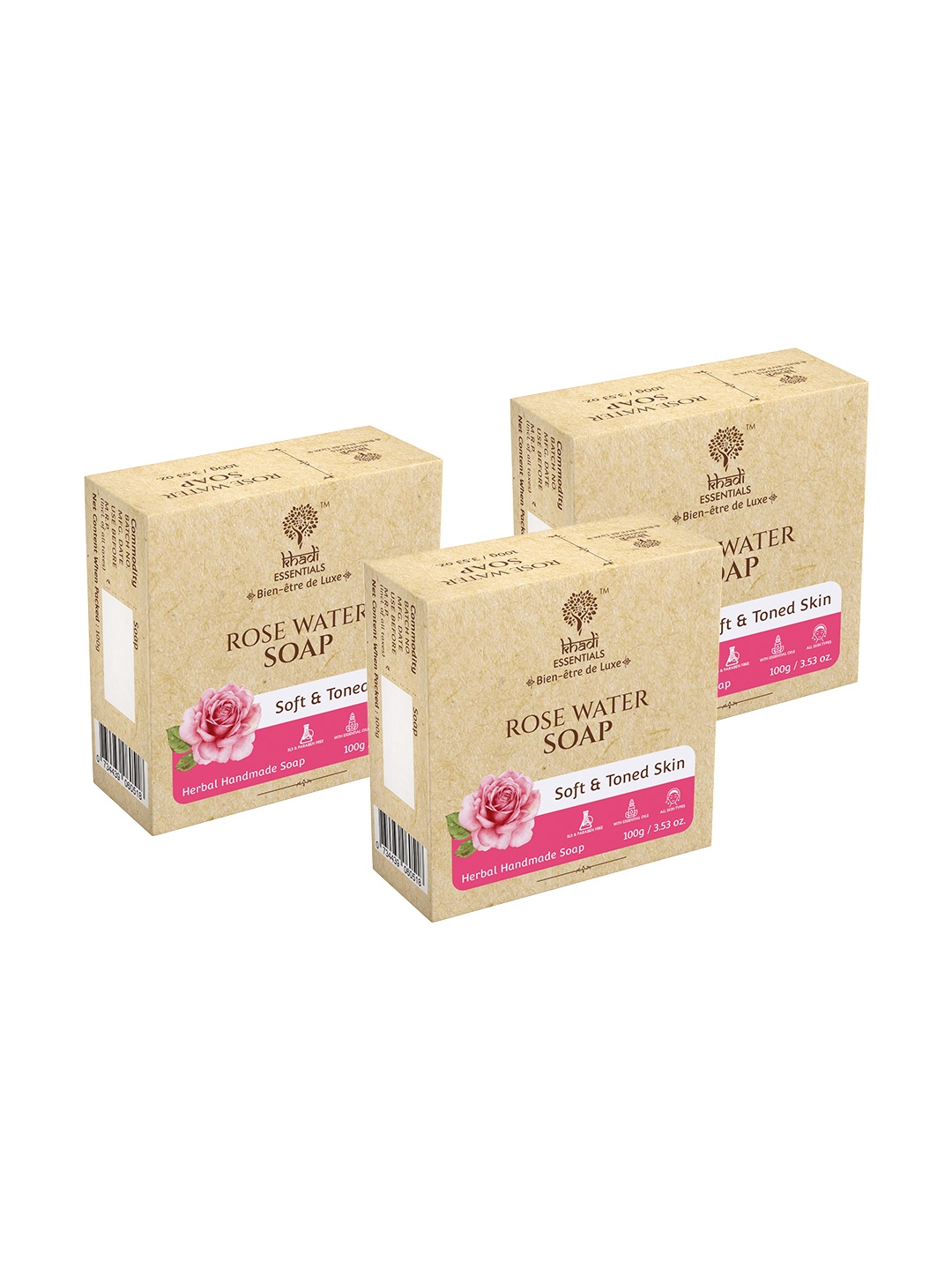 KHADI ESSENTIALS Set Of 3 Rose Water Soap with Rosemary Oil for Toned Skin - 100g Each, Pink
KHADI ESSENTIALS Set Of 3 Rose Water Soap with Rosemary Oil for Toned Skin - 100g Each, Pink