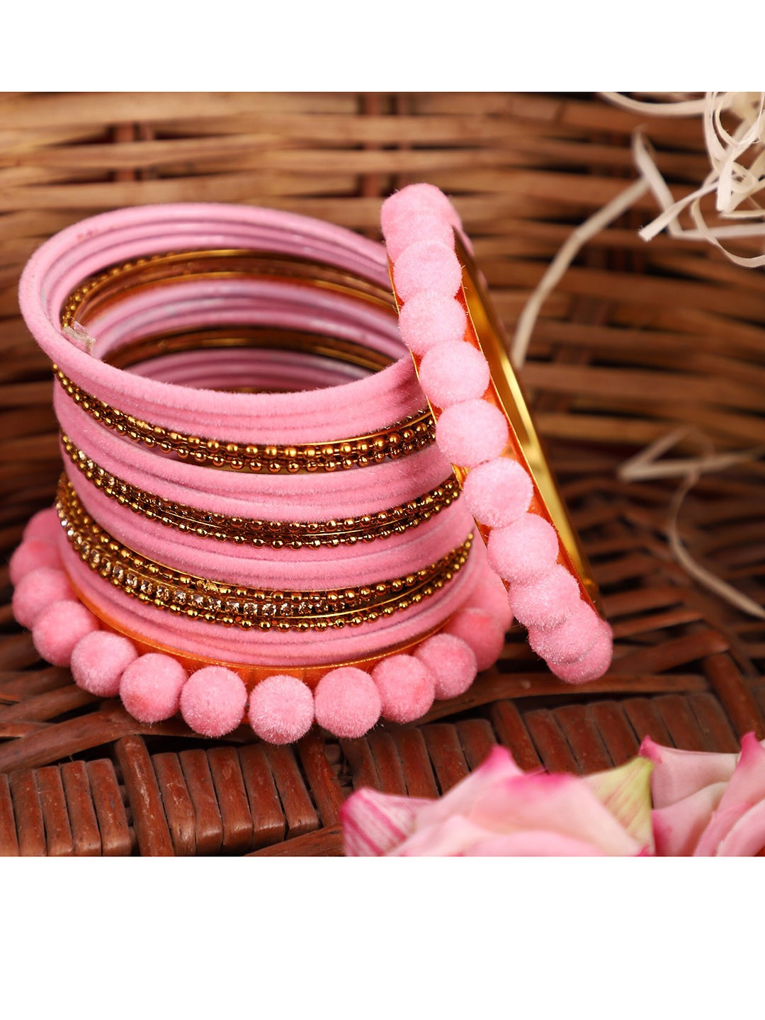 ZaffreCollections Set Of 23 Gold-Plated Pink Velvet Coated & Stone Studded Metal Bangles
ZaffreCollections Set Of 23 Gold-Plated Pink Velvet Coated & Stone Studded Metal Bangles