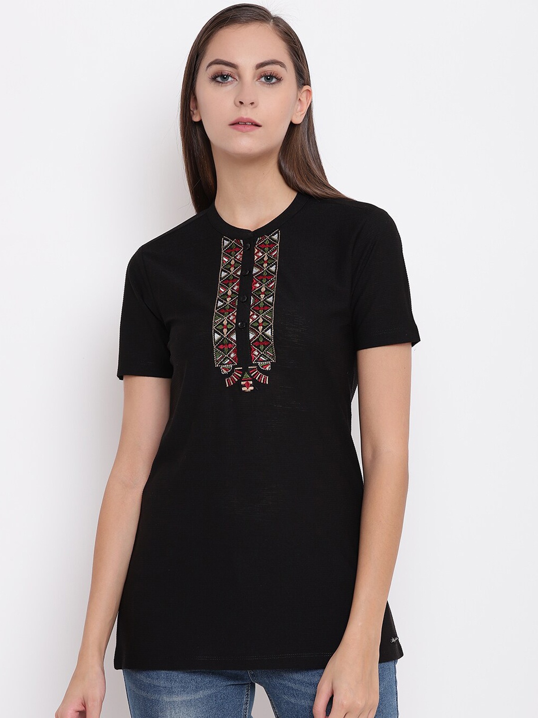 Miss Grace Women Black Embroidered Long Top
