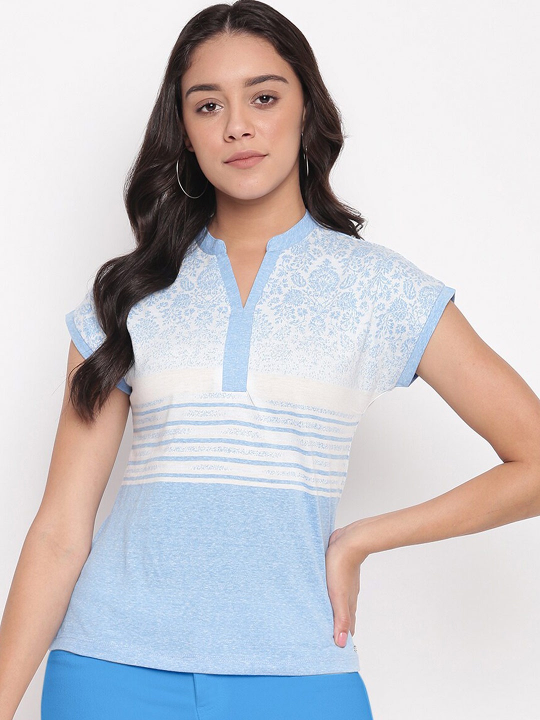 Miss Grace Blue Floral Striped Mandarin Collar Top
