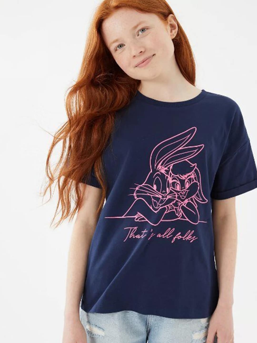 Marks & Spencer Girls Navy Blue Printed Cotton T-shirt
