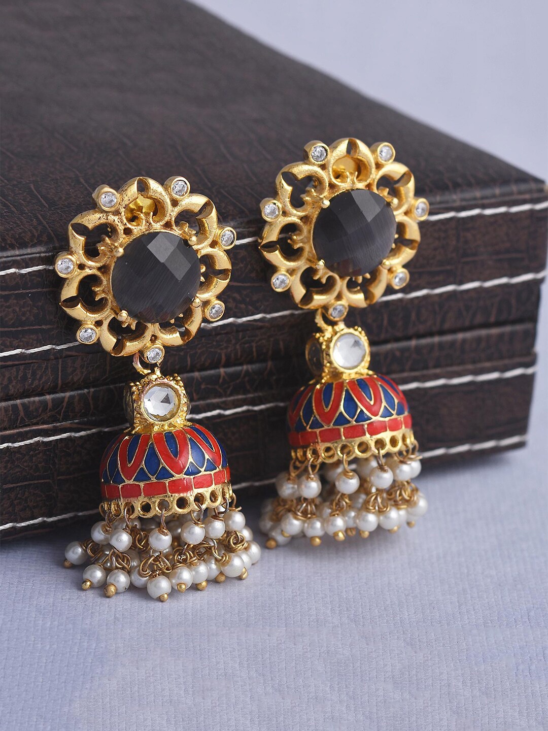 Tistabene Gold-Toned & Red Contemporary Jhumkas Earrings