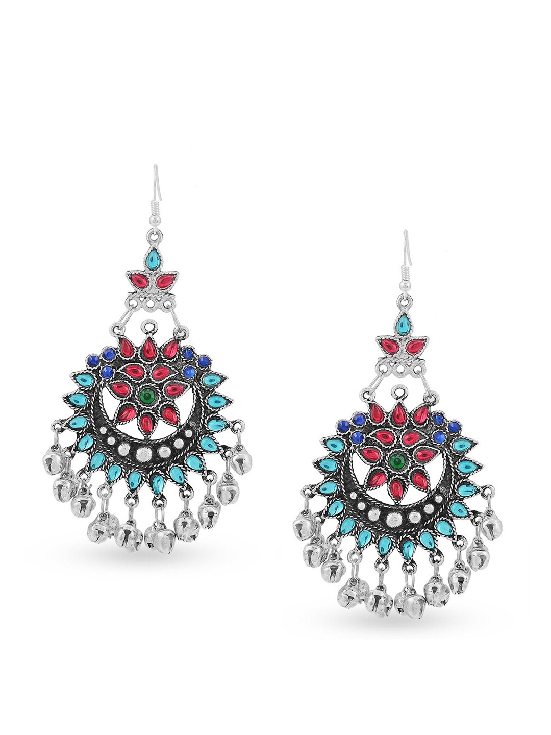 Tistabene Women Silver-Toned & Blue Tribal Chandbalis Earrings