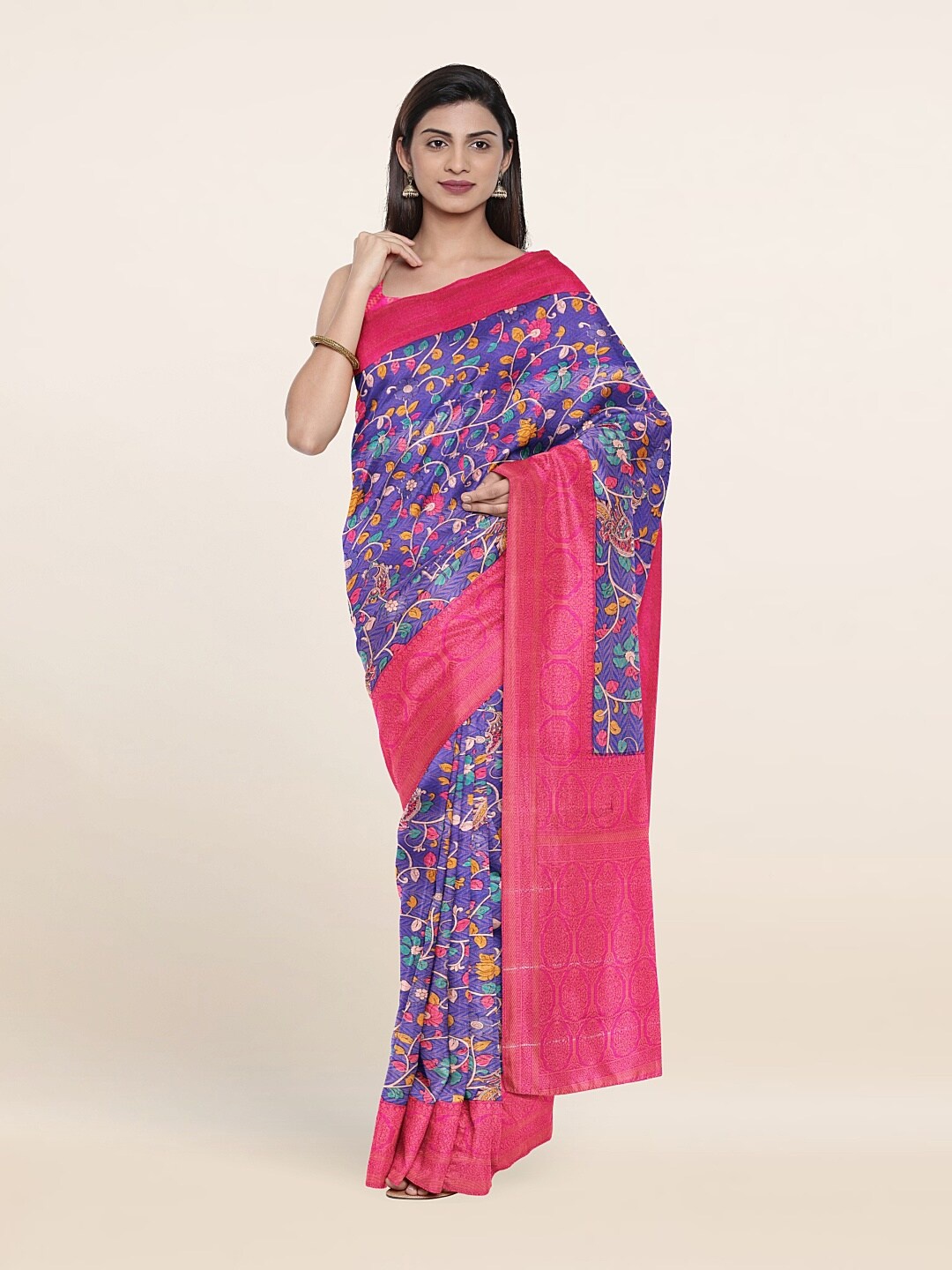 Pothys Women Blue & Pink Kalamkari Art Silk Saree