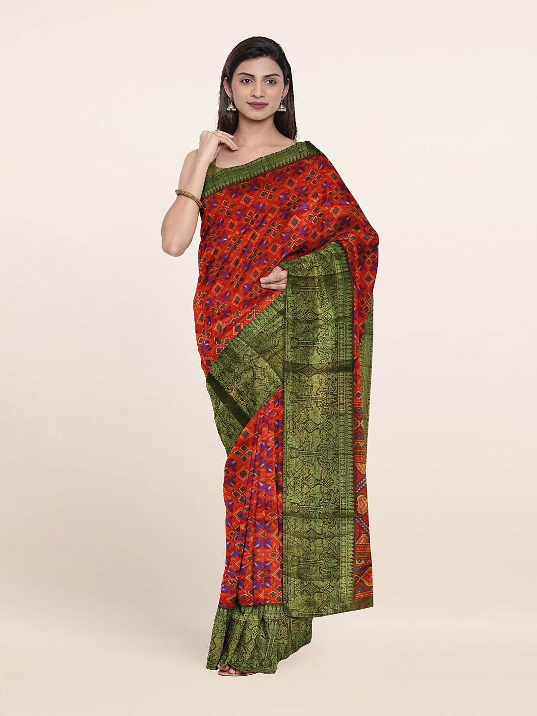 Pothys Red & Green Ethnic Motifs Zari Art Silk Saree
