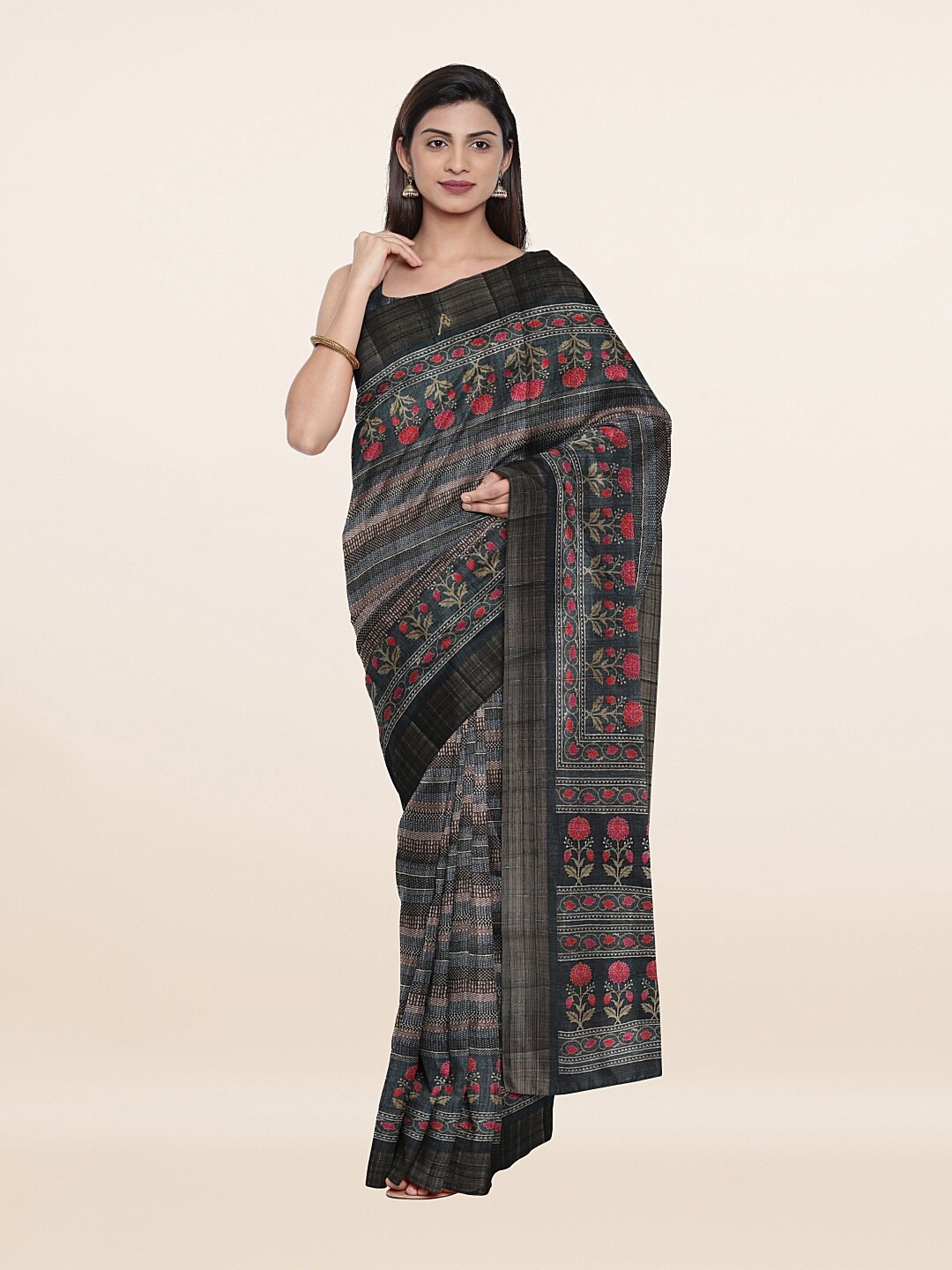 Pothys Women Black & Silver-Toned Zari Art Silk Saree
