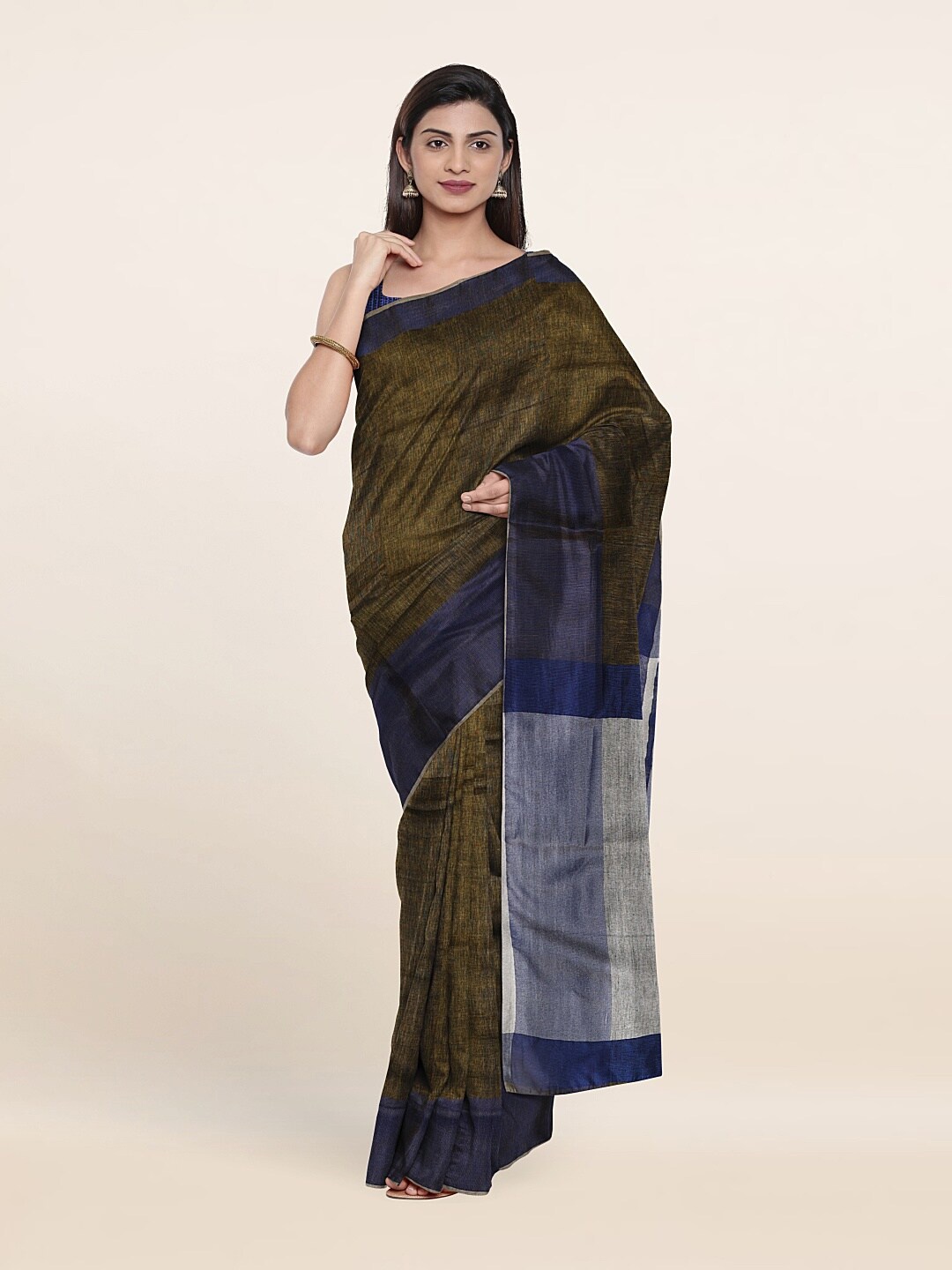 Pothys Women Green & Grey Linen Blend Saree