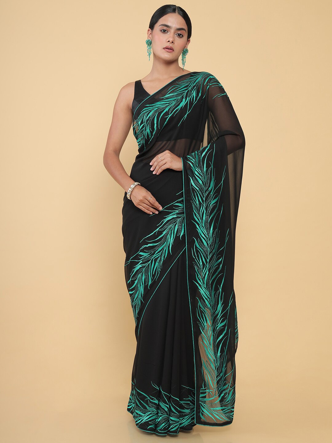 Soch Black & Green Floral Embroidered Pure Georgette Saree