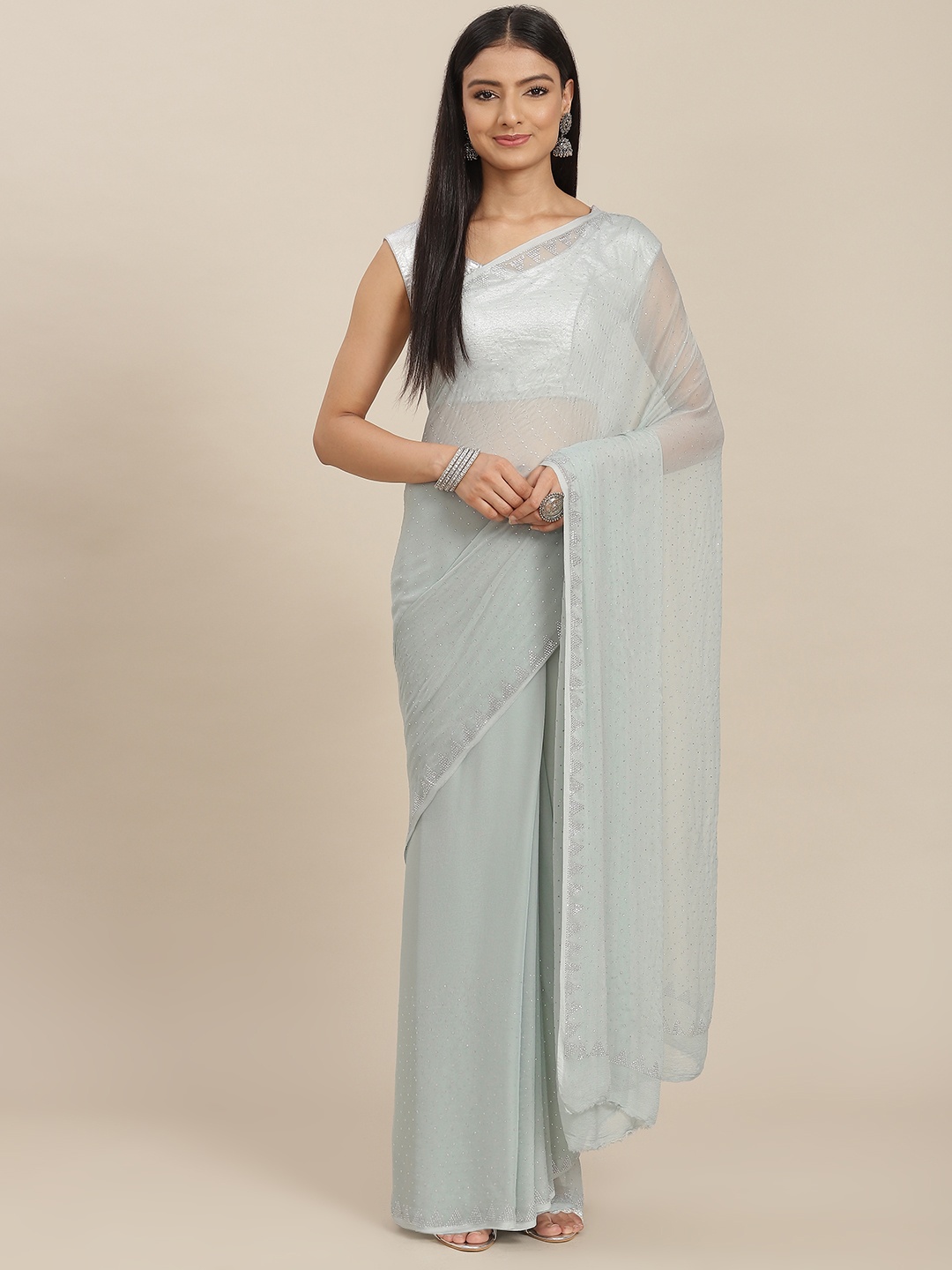 ZARI Grey Embellished Sequinned Pure Chiffon Saree