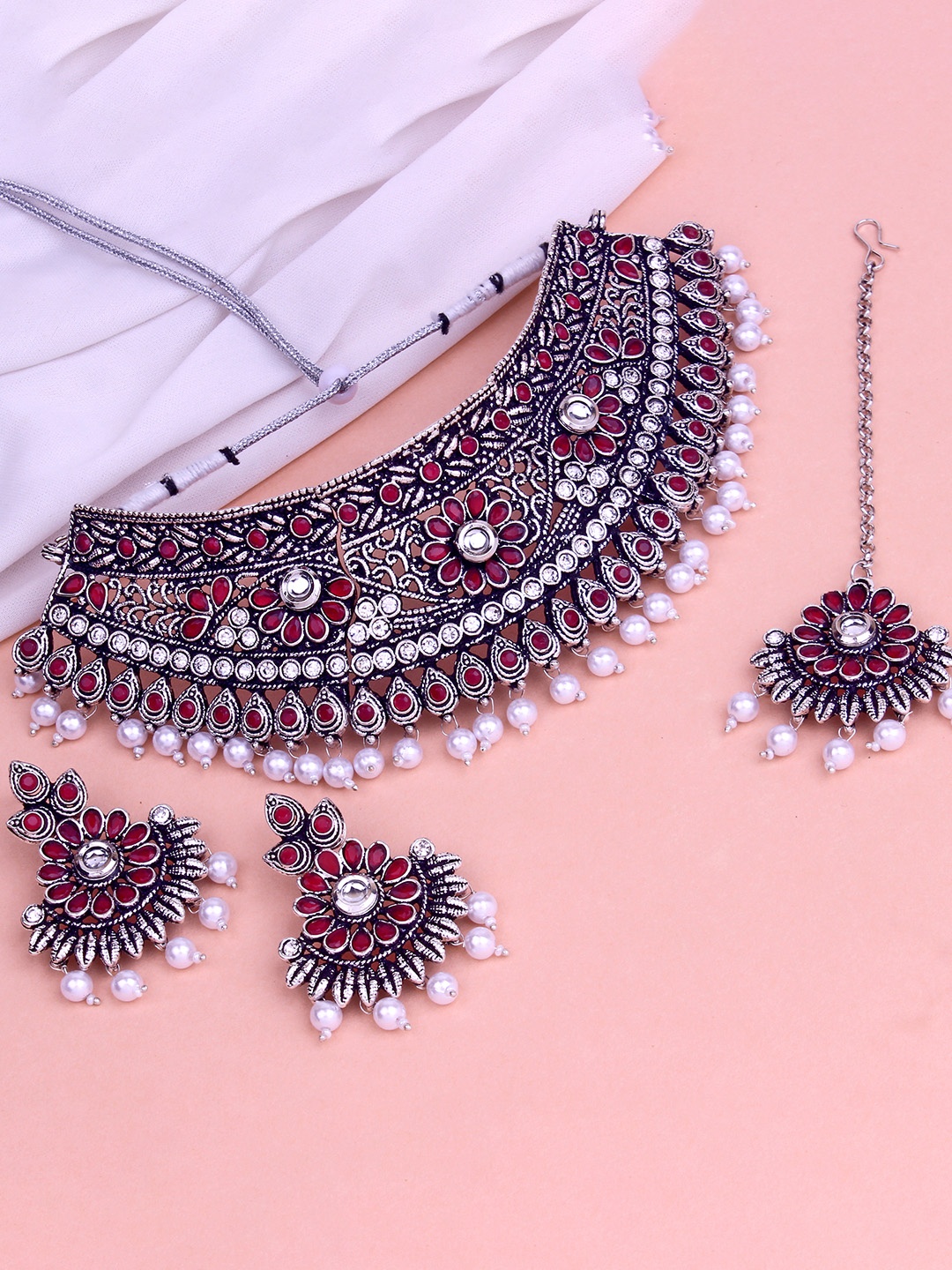 Atasi International Oxidised Silver-Plated White & Pink Crystal-Studded & Pearl Beaded Jewellery Set
Atasi International Oxidised Silver-Plated White & Pink Crystal-Studded & Pearl Beaded Jewellery Set
