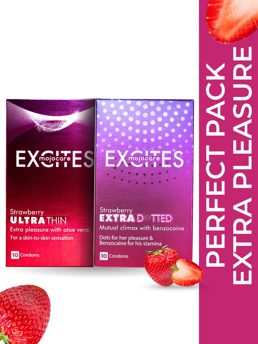 Mojocare Men Set Of 2 Excites Strawberry Condoms - Ultra Thin + Extra Dotted - 10 Pcs Each, Pink
Mojocare Men Set Of 2 Excites Strawberry Condoms - Ultra Thin + Extra Dotted - 10 Pcs Each, Pink