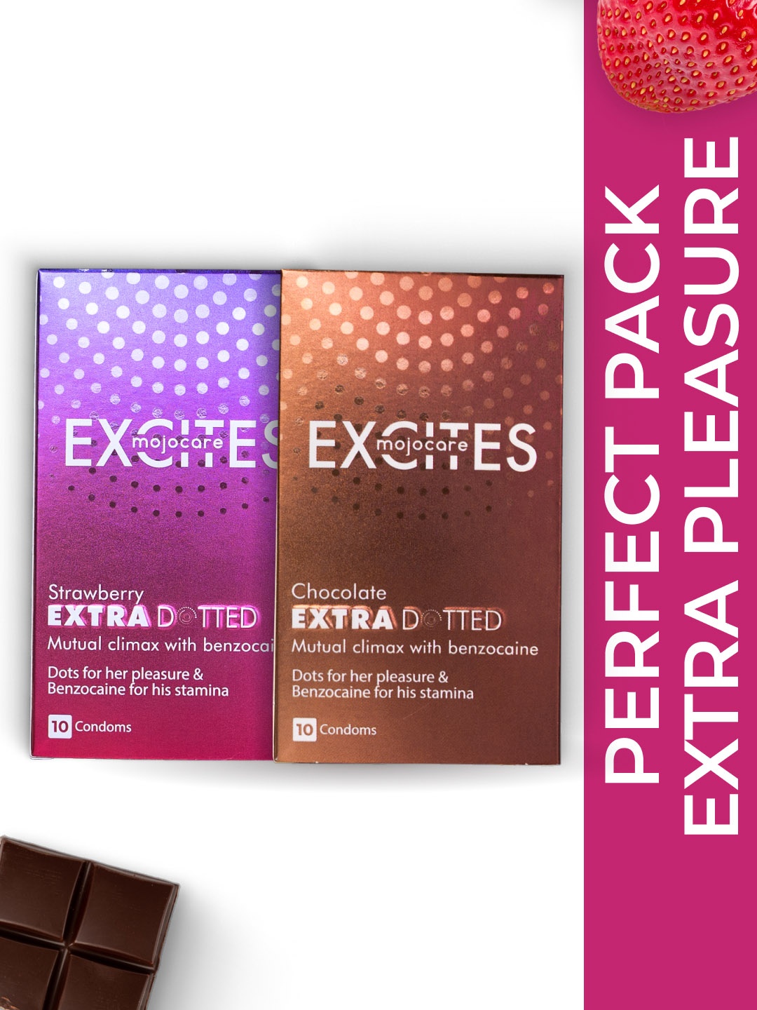 Mojocare Men Set Of 2 Excites Extra Dotted Condoms -Chocolate and Strawberry- 10 Pcs Each, Brown
Mojocare Men Set Of 2 Excites Extra Dotted Condoms -Chocolate and Strawberry- 10 Pcs Each, Brown