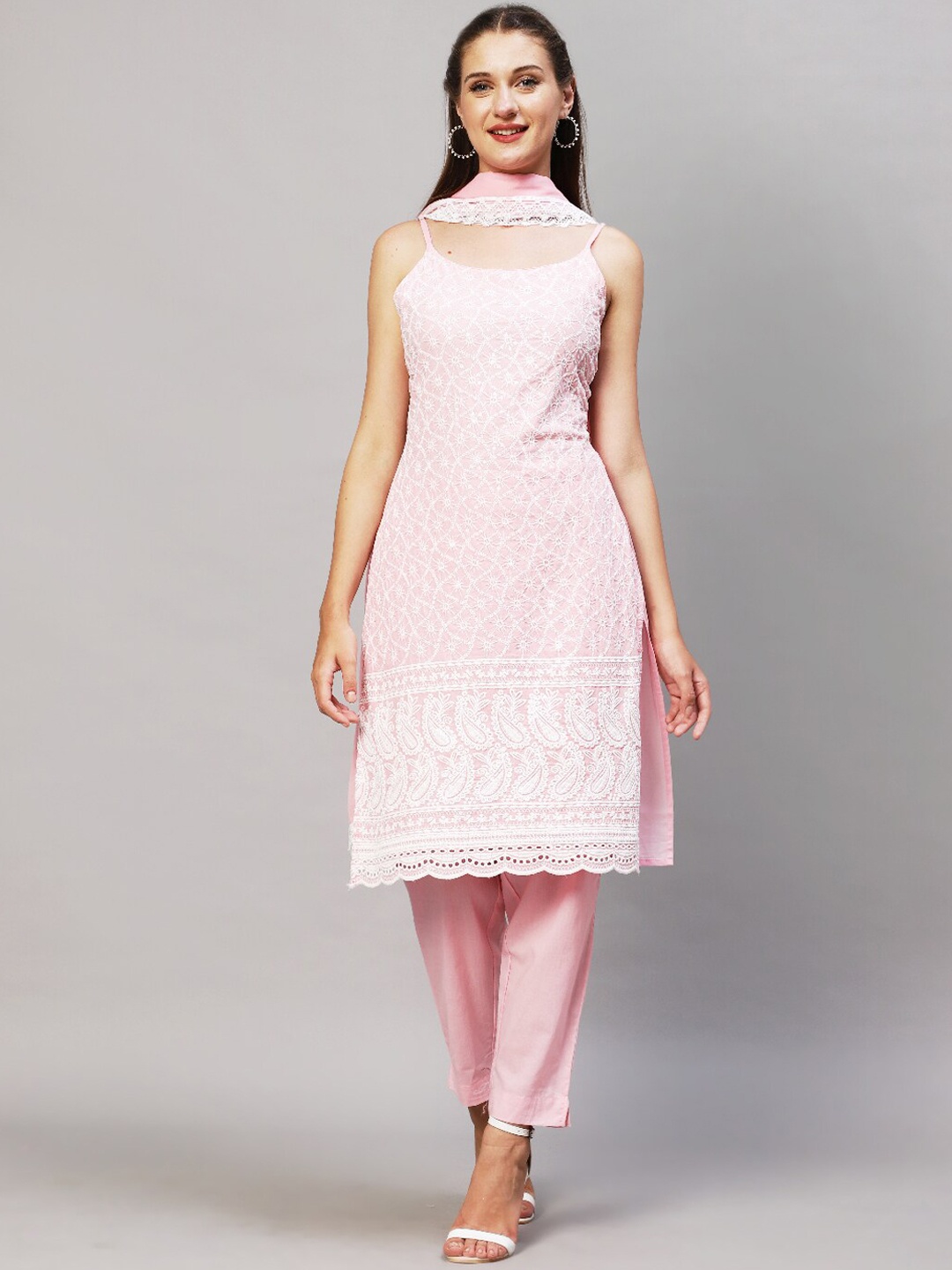 FASHOR Women Pink & White Embroidered Pure Cotton Kurta with Trousers & With Dupatta
FASHOR Women Pink & White Embroidered Pure Cotton Kurta with Trousers & With Dupatta