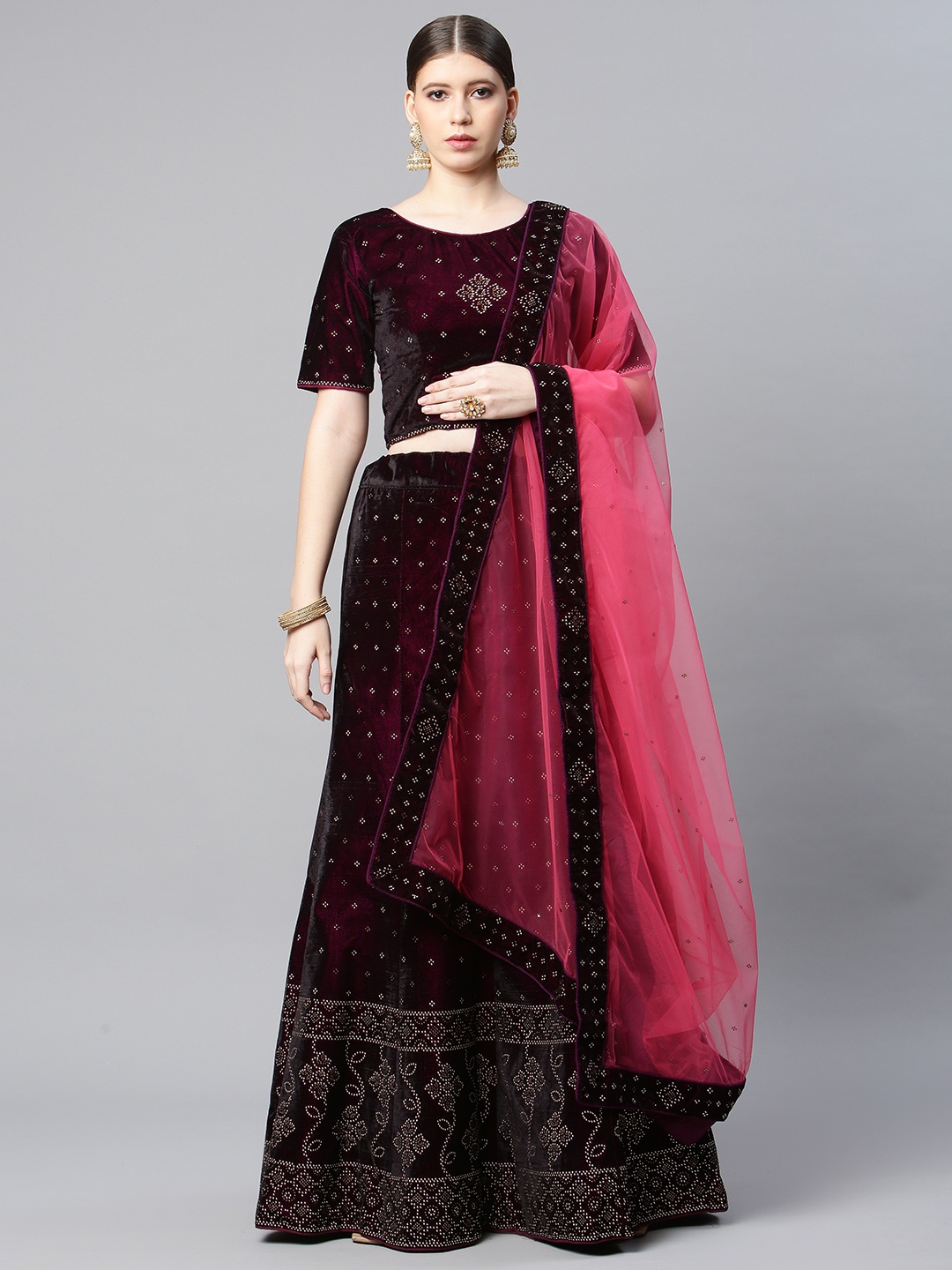 CAMPAIGN TRENDS Burgundy & Gold-Toned Embellished Beads and Stones Semi-Stitched Lehenga & Unstitched Blouse
CAMPAIGN TRENDS Burgundy & Gold-Toned Embellished Beads and Stones Semi-Stitched Lehenga & Unstitched Blouse