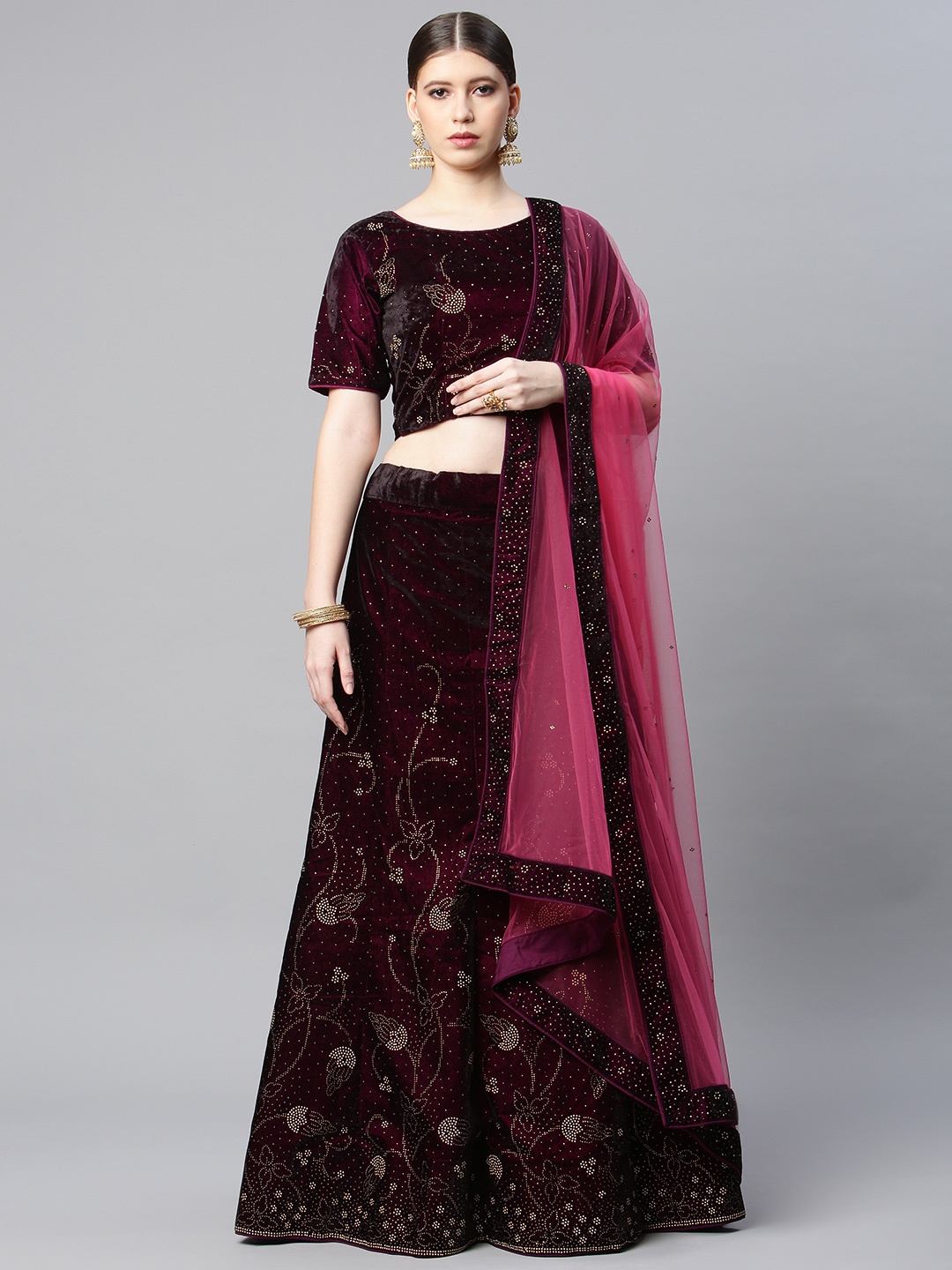 CAMPAIGN TRENDS Burgundy & Gold-Toned Semi-Stitched Lehenga & Unstitched Blouse & Dupatta
CAMPAIGN TRENDS Burgundy & Gold-Toned Semi-Stitched Lehenga & Unstitched Blouse & Dupatta