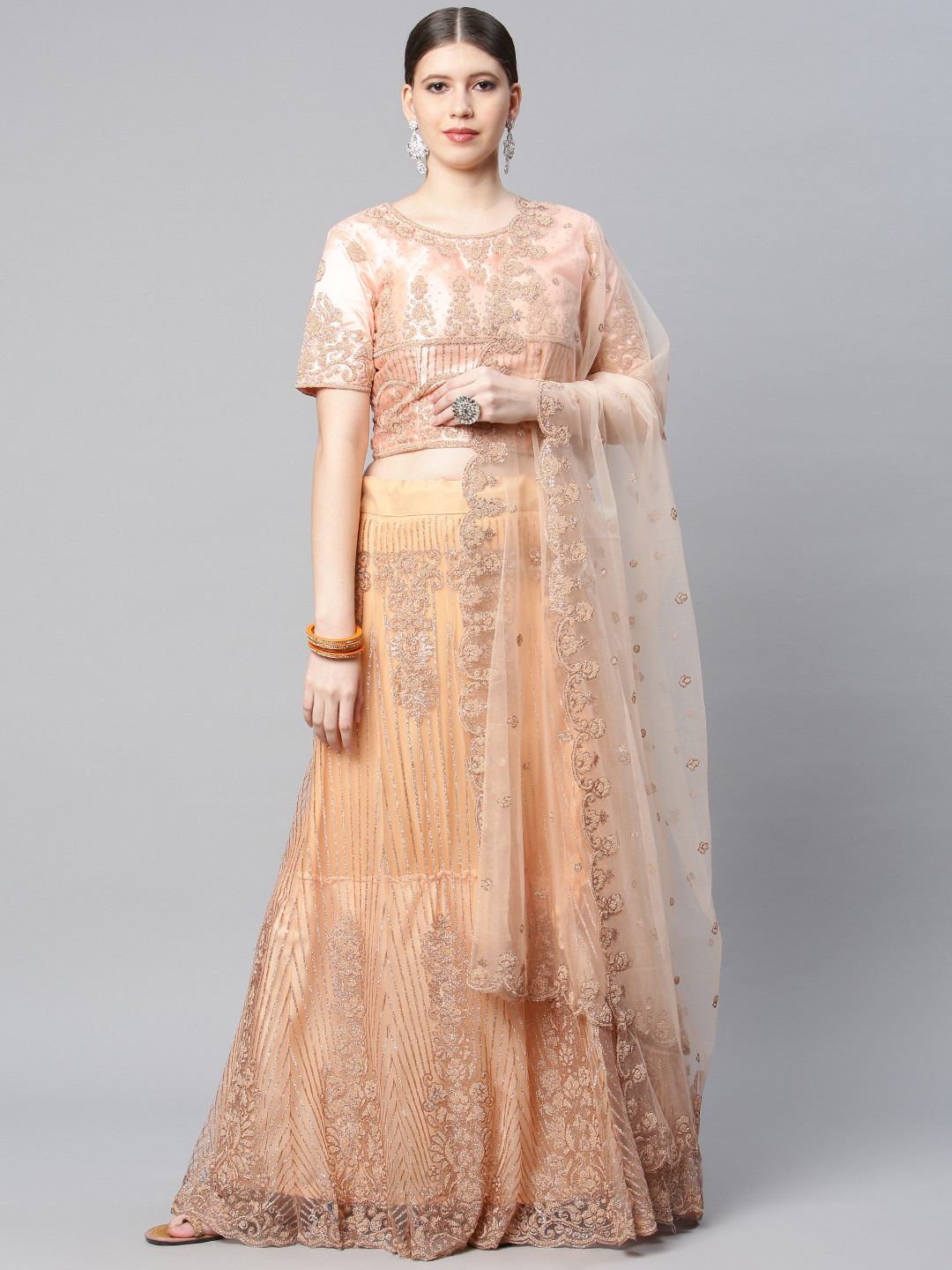 CAMPAIGN TRENDS Peach-Coloured Net Semi-Stitched Lehenga & Unstitched Blouse With Dupatta
CAMPAIGN TRENDS Peach-Coloured Net Semi-Stitched Lehenga & Unstitched Blouse With Dupatta