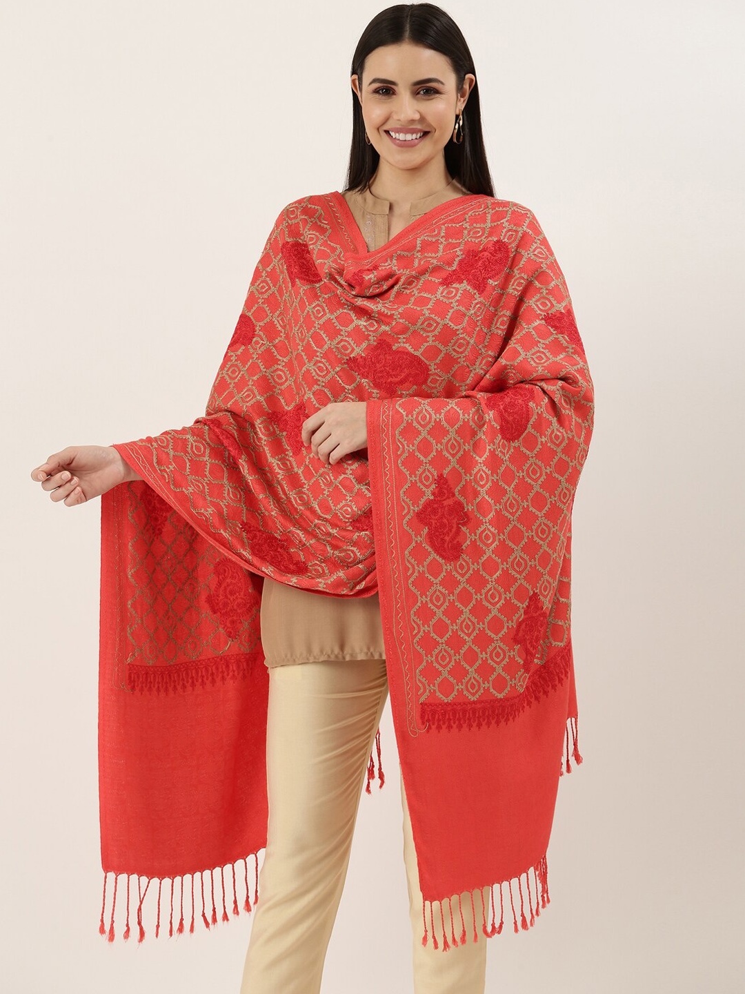Pashmoda Women Pink Aari Embroidered Shawl