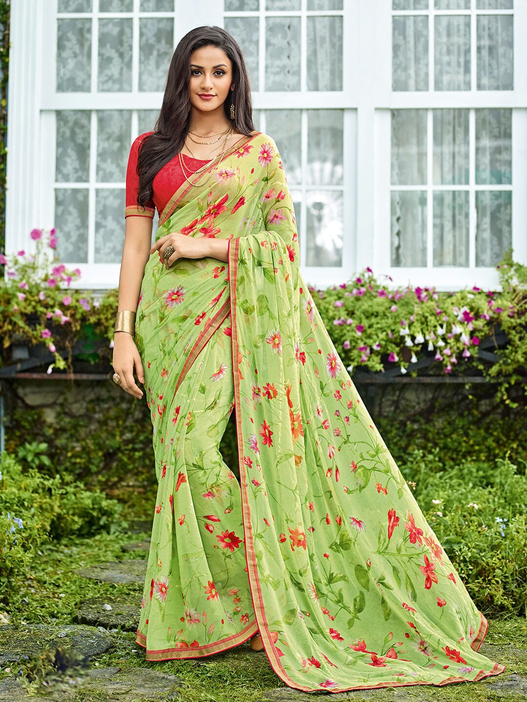 Shaily Green & Red Floral Zari Satin Saree