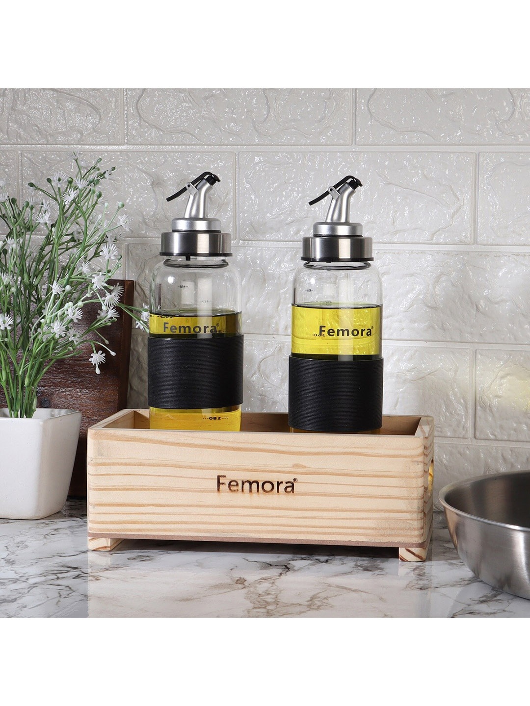 Femora Set Of 2 Transparent Dishwasher safe Glass Oil Dispenser Bottles With Wooden Tray
Femora Set Of 2 Transparent Dishwasher safe Glass Oil Dispenser Bottles With Wooden Tray