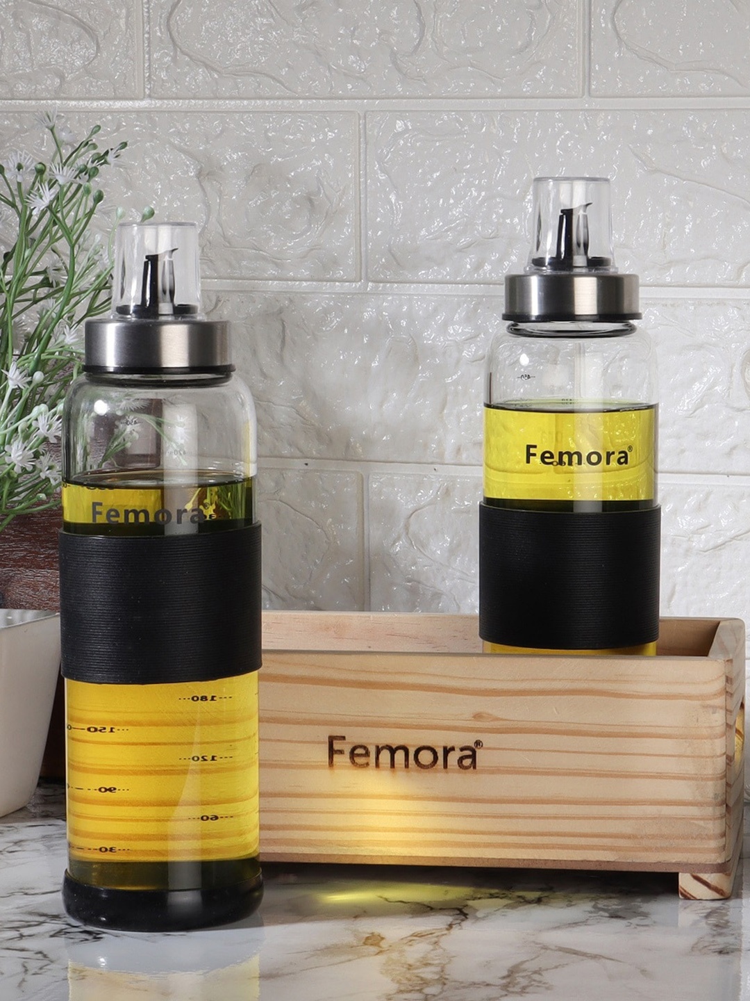 Femora Set Of 2 Dishwasher safe Glass Oil Dispenser Bottle With Wooden Tray 500ml each, Transparent
Femora Set Of 2 Dishwasher safe Glass Oil Dispenser Bottle With Wooden Tray 500ml each, Transparent