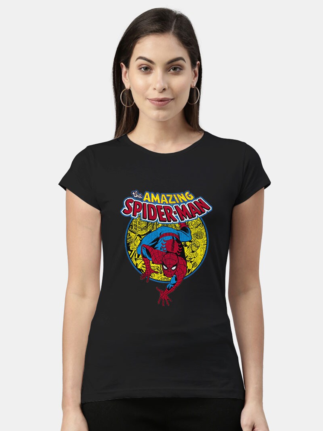 macmerise Women Black Spider-Man Printed Bio Finish T-shirt