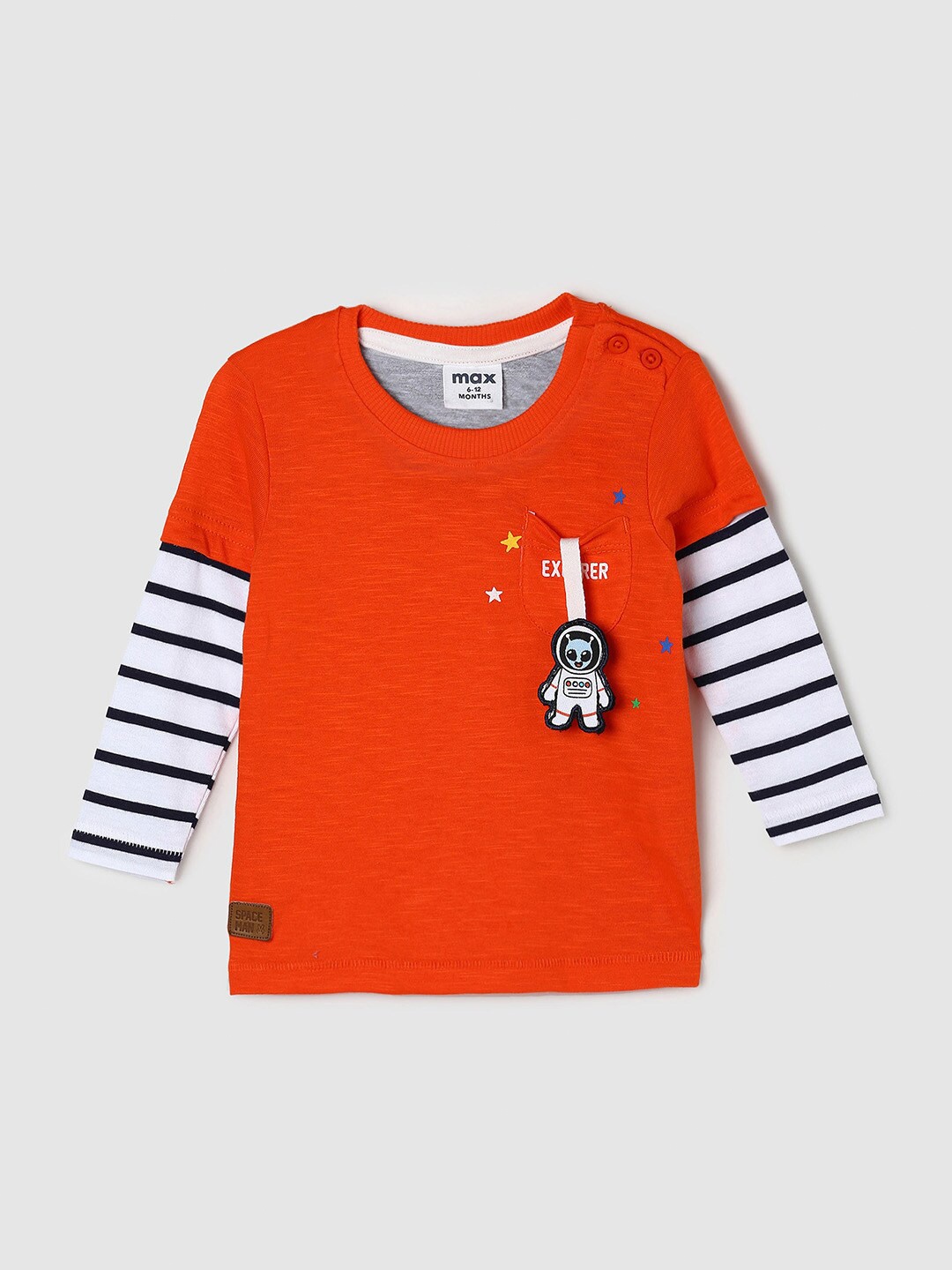 max Boys Orange & White Printed Pure Cotton Applique T-shirt