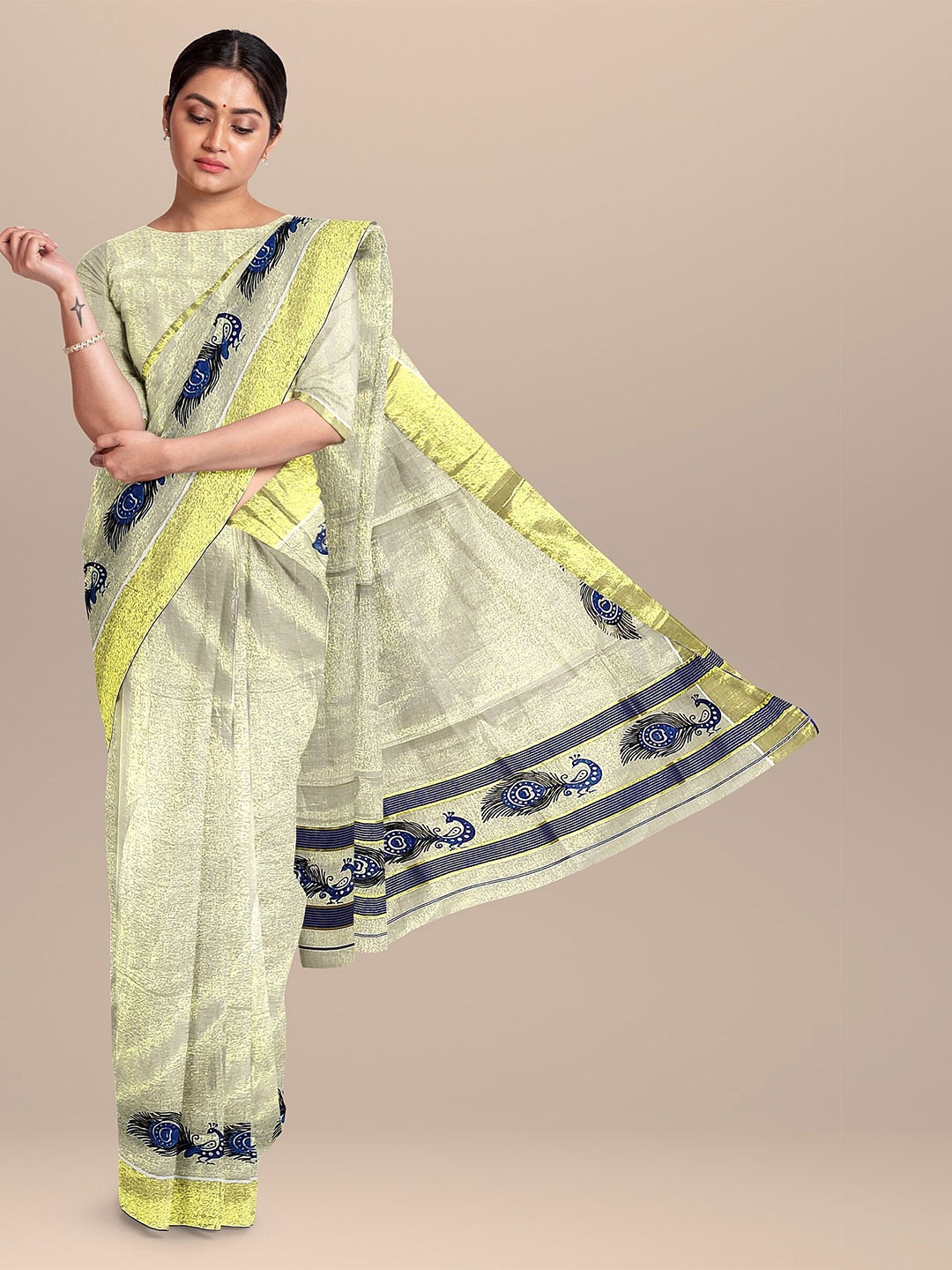 The Chennai Silks Off White & Blue Ethnic Motifs Zari Pure Cotton Fusion Kasavu Saree
The Chennai Silks Off White & Blue Ethnic Motifs Zari Pure Cotton Fusion Kasavu Saree