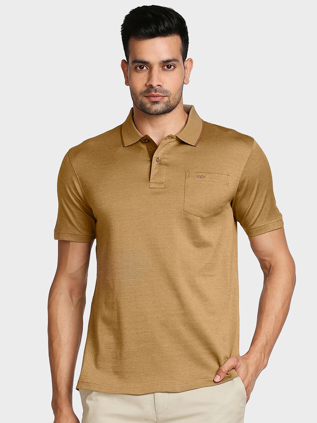 ColorPlus Men Brown Polo Collar Cotton T-shirt
