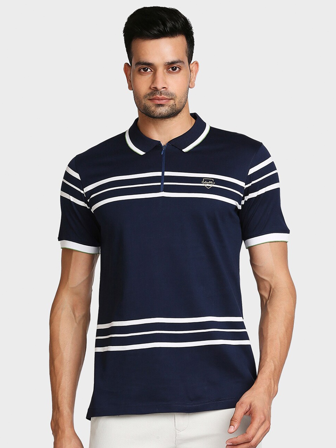 ColorPlus Men Blue Striped Polo Collar T-shirt