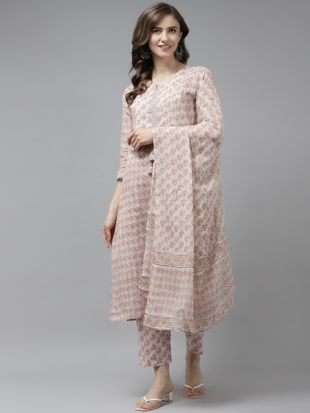 Prakrti Women Peach Ethnic Motifs Printed Mirror Work Cotton Kurta with Trousers & Dupatta
Prakrti Women Peach Ethnic Motifs Printed Mirror Work Cotton Kurta with Trousers & Dupatta