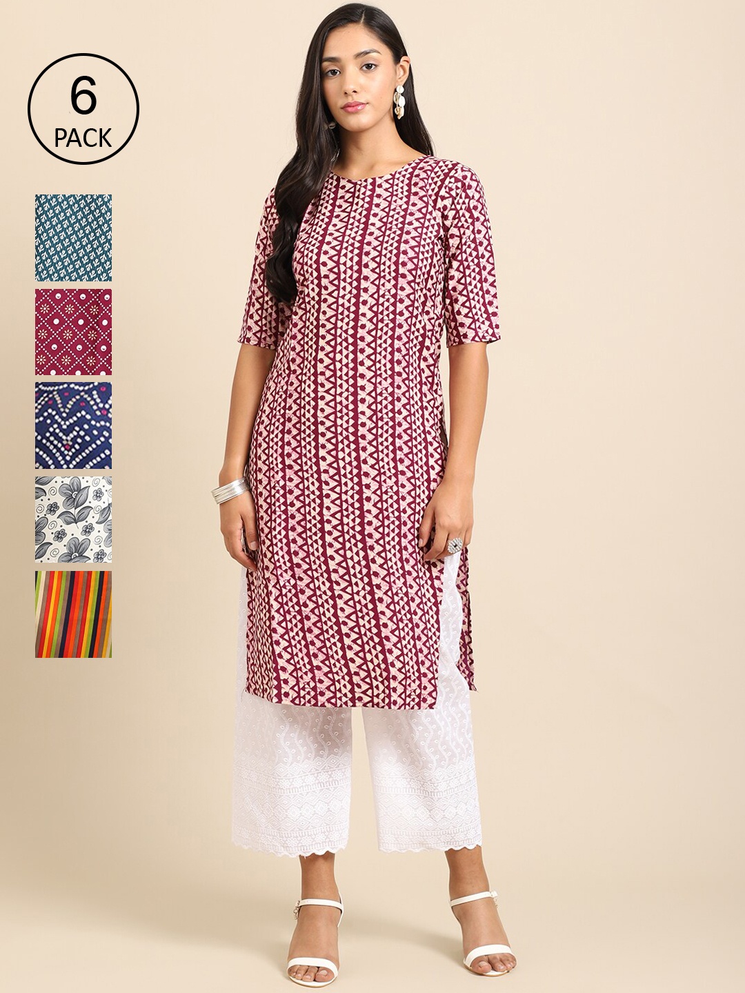 7Threads Women Multicoloured Geometric Printed Flared Sleeves Mirror Work Block Print Crepe Kurta, Multi
7Threads Women Multicoloured Geometric Printed Flared Sleeves Mirror Work Block Print Crepe Kurta, Multi