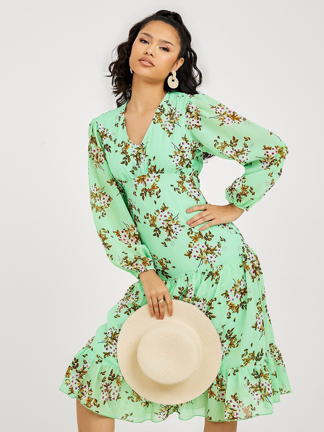 Styli Women Green & Mustard Yellow Sheer Volume Sleeves Floral Print A-Line Midi Dress
Styli Women Green & Mustard Yellow Sheer Volume Sleeves Floral Print A-Line Midi Dress