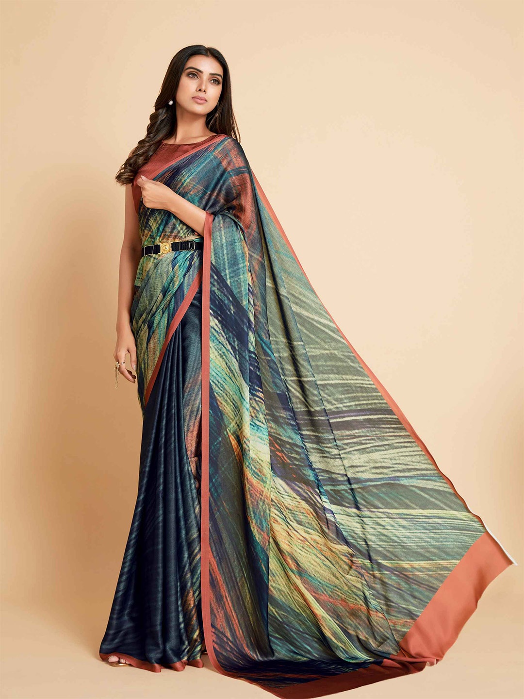 all about you Green & Red Satin Saree